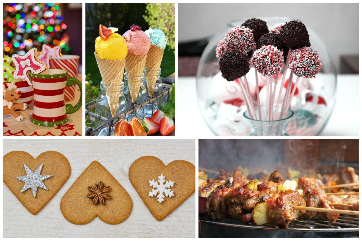 Festive food and drinks with cookies and kebabs