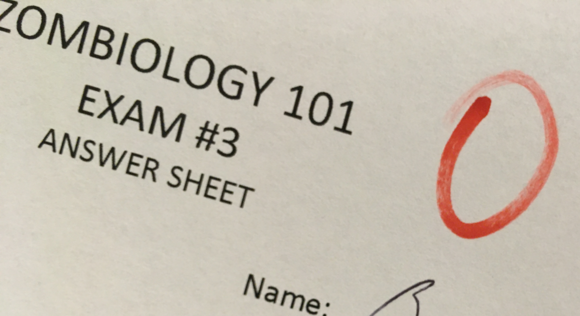 Zero grade marked on a Zombiology test answer sheet
